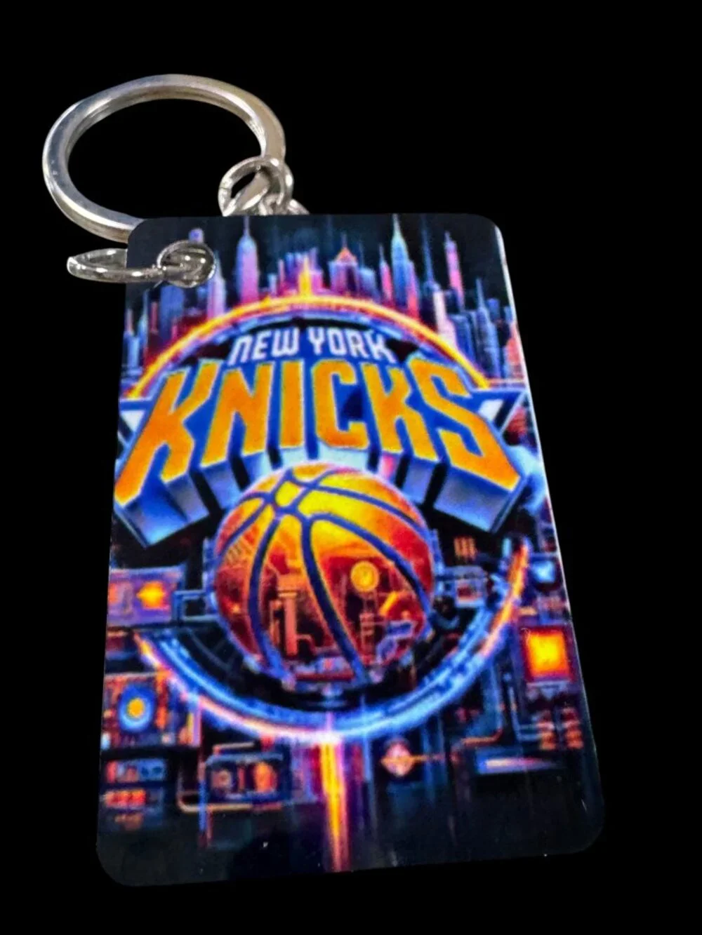 New York Knicks Keychain, Metal, Neon City Skyline Graphic, Lobster Clasp with S